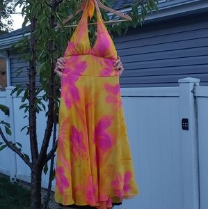 Silk Pink and Yellow Floral Halter Dress
